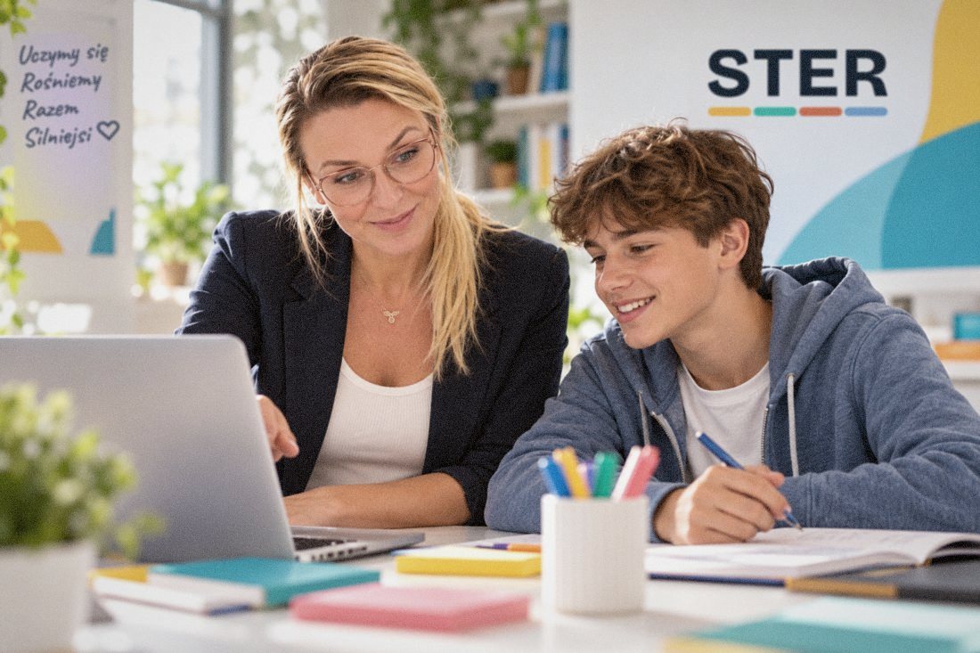 Prowadząca pracuje z nastolatkiem przy laptopie